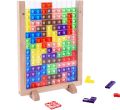 Wooden Blocks Puzzle Brain Teasers Toy, Intelligent Colorful 3D Plastic Blocks Game with Vertical Wood Frame Game Board, Tangram Educational Montessori Toys Gift for Kids Age 4-8 Years Old. 