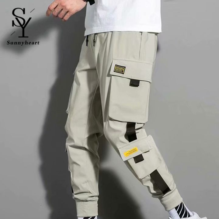 Sunnyheart Men Cargo Pants Side Pockets Stretchy Waist Drawstring Strap Decor Ankle-banded Jogger Pants Daily Clothes