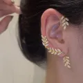 1 PCS Leaves Ear Clip Cuff Stud Earring Ear Wrap Crawler Hook Earrings For Girls and Women Without Piercing Simple Stylish New Design Golden Silver Stylish Korean. 