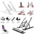 This is a high-quality, portable laptop stand that folds up and is adjustable in height. It features an adjustable cooling bracket and a multifunction aluminum lap mount computer tablet support riser holder that can be adjusted up to 15.6 inches. It is ma. 