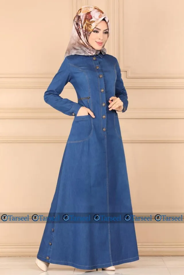 Tarseel Stylish Designer Panel Design Denim Abaya Jeans Jilbab Abaya For Her Denim Abaya With Pockets Front Upper Buttoned Jeans Abaya Daraz.pk