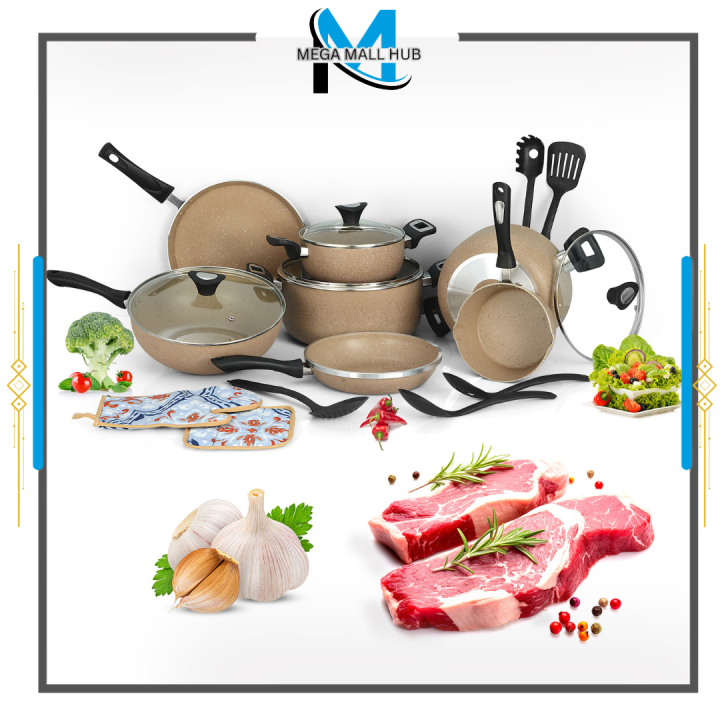Non stick Cookware set Gift pack -19 pcs AR cookware double Marble ...