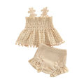 Toddler Baby Girls Summer Outfit Solid Color Cutout Pleated Tank Tops and Stretch Casual Ruffle Shorts Set. 