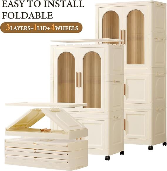 Portable%20Kids%20Closet%20Children's%20Wardrobe%20Collapsible%20Plastic%20Large%20Baby%20Clothes%20Cabinet%20Bedroom%20Nursery%20Armoire%20Quick%20Install%20Toddler%20Dresser%20with%20Hanging%20Rod%20and%20Door,Large%202%20Cubes,White%20-%20Image%202