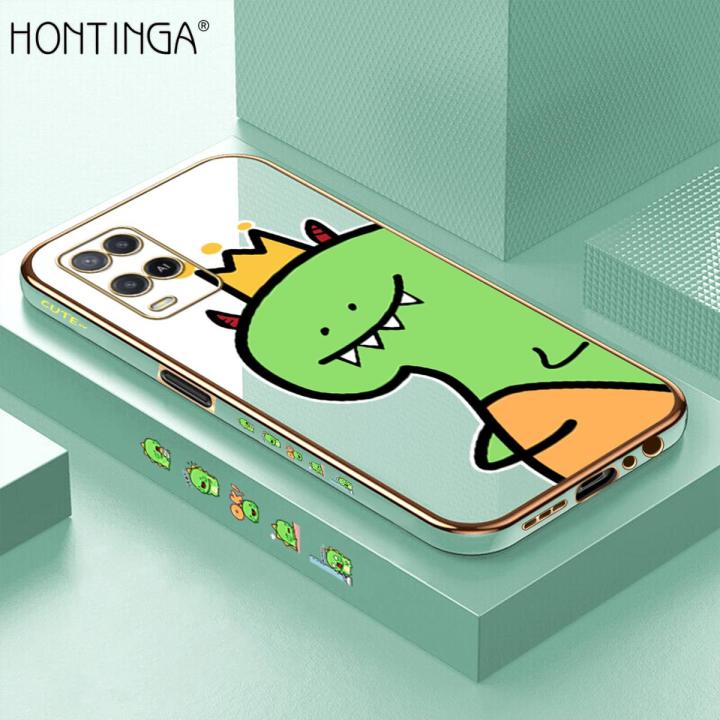 Hontinga for OPPO A54/A54 2021 Back Cover（Free Lanyard）Luxury 6D Plating Cute Crown Dinosaur Side Pattern Case Soft Silicone Square Mobile Cover