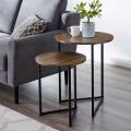Modern Round Metal Base Nesting End Table, Set of 2, Walnut Brown. 