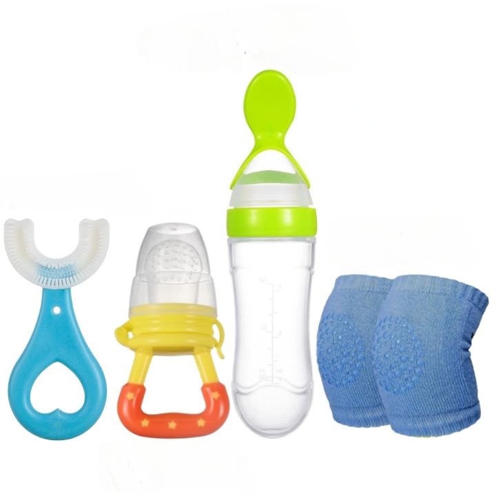 Pack of 4 Baby Silicone Spoon Feeder * Fruit Pacifier * Knee Pads * U Brush
