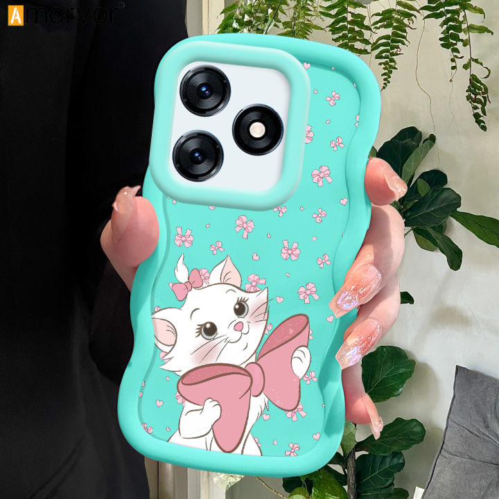 AMORVOR for Tecno Spark 10 10C Back Cover Elegant Kitten Pattern Luxury Phone Case Macaron Wave Soft Silicone Mobile Cover