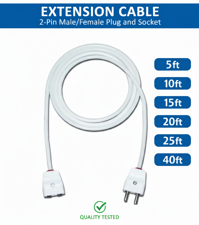 Flexible Extension Cable with Male/Female Plug 2 Pin | Heavy Duty 40/76 ...