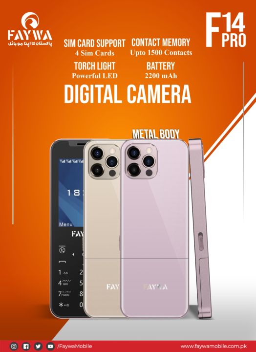 Faywa F14 Pro - Stylish & Metal Body Design - 4 Sims - PTA Approved - 2.4 Inch HD Display - 2200mAH Battery - Powerful Torch with Slider Key - 2000 Contact Save Memory - Auto call recording - Audio & Video player - Wireless FM Radio