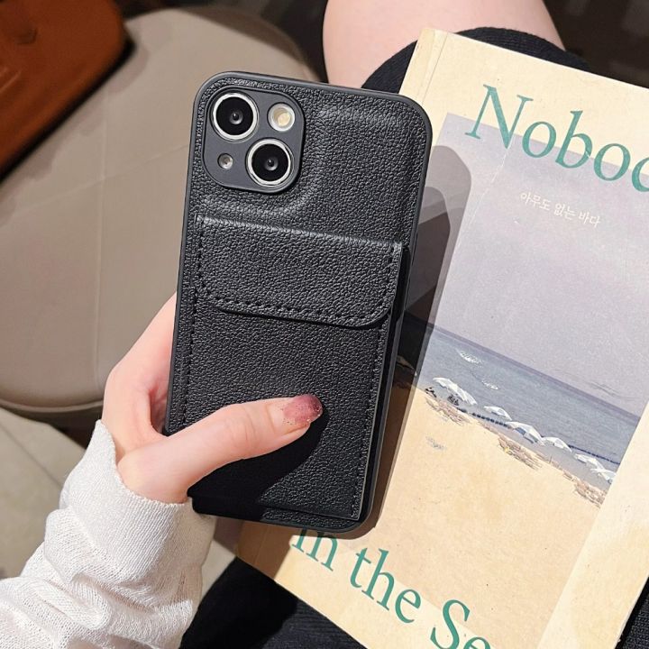 HODON Luxury Lychee PU Leather Wallet Holder Case For iPhone 16 15 14 13 Pro Max 16 Plus Cases Card Bag Stand Solid Color Shockproof Soft Phone Cover