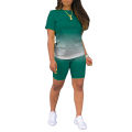 Women’s Short Sleeve T-shirt Shorts Suit Fashion Gradient Solid Color Pullover Top and Tight High-waist Pants. 