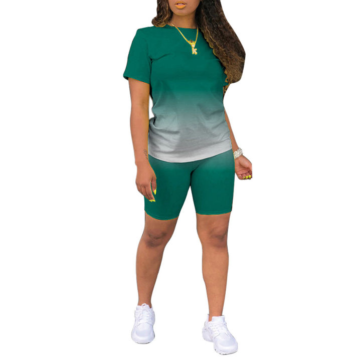 Women%E2%80%99s%20Short%20Sleeve%20T-shirt%20Shorts%20Suit%20Fashion%20Gradient%20Solid%20Color%20Pullover%20Top%20and%20Tight%20High-waist%20Pants%20-%20Image%204