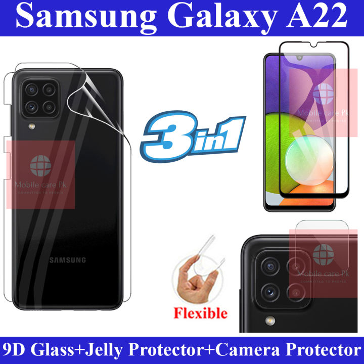 Samsung Galaxy A22 Tempered Glass HD 9D Curved Glass Protector Edge To Edge Full Glue + Back Hydrogel Soft Film jell Protector Sheet + Flexible Camera Protector 9H Gorilla Protector For Samsung Galaxy A22