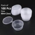 Pack of 100 - 60ml (2oz) Small Sauce Storage Boxes/Cup, Sauce Containers Package Box & Lid portable- Clear Transparent Plastic. 