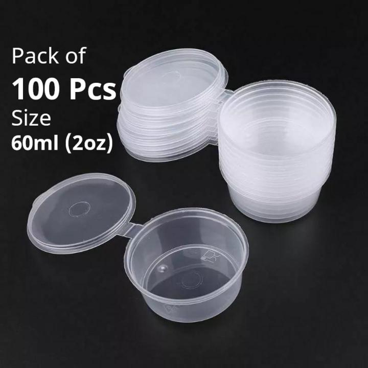 Pack of 100 - 60ml (2oz) Small Sauce Storage Boxes/Cup, Sauce Containers Package Box & Lid portable- Clear Transparent Plastic