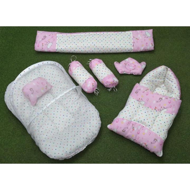 New APC Quality Soft Baby Set Complete Bedding 7 Pcs Set - 7 Pcs Include: 1 Mattress 1 Quilt / Comforter 1 Sleeping Bag / Carry Nest 1 Headshaper Pillow 1 Normal Pillow and 2 Cushions - Baby Bistar Gaddi Sleeping Bag Bed Gift Best