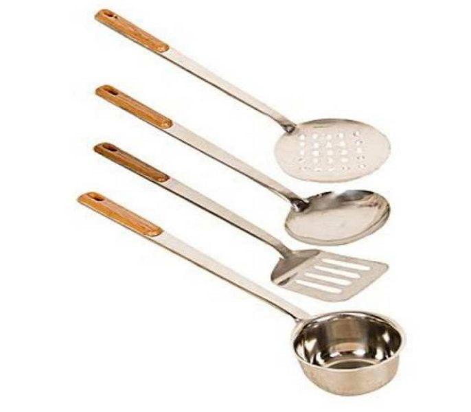 Set of 4 Stainless Steel Spoon kitchen Utensil Tools with light brown Wood Handle
