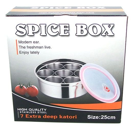 Kitchen Household Masala Box Organizer High-Quality Stainless Steel Spice Box Masala Dabba 7 Deep Katori With Box And Silicon Lids 25 Cm.