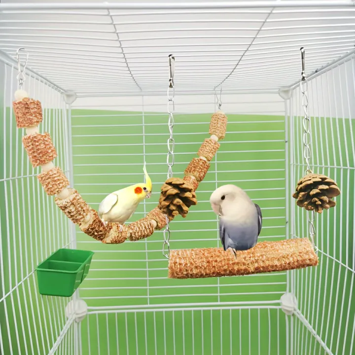 View of 2pcs Natural Parrot Bird Cage Supplies, Bird Swing Toy, Natural Corn ...