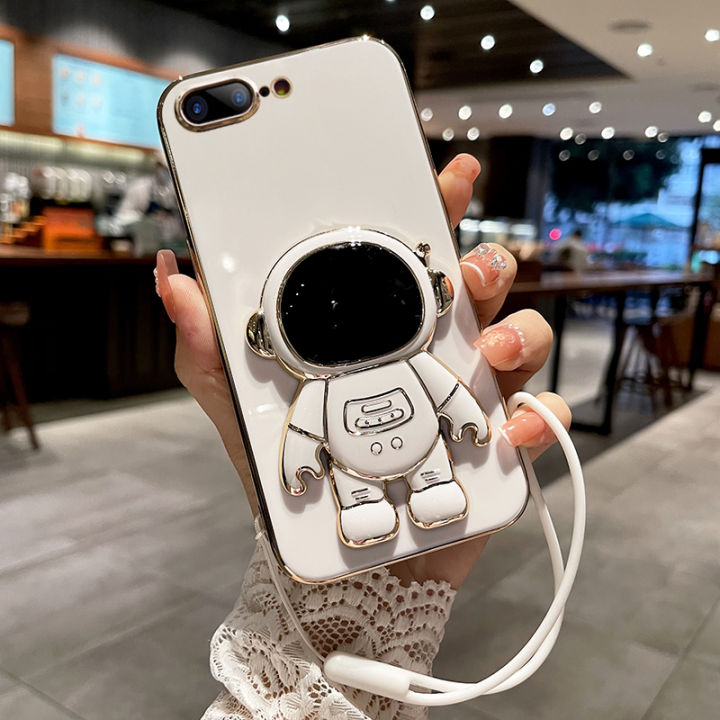 COROGI for iPhone 8 Plus / iPhone 7 Plus Back Cover with Free Lanyard Cartoon Astronaut Folding Stand Luxury 6D Plating Square Shiny Cases Soft Silicone Mobile Phone Case Pouch