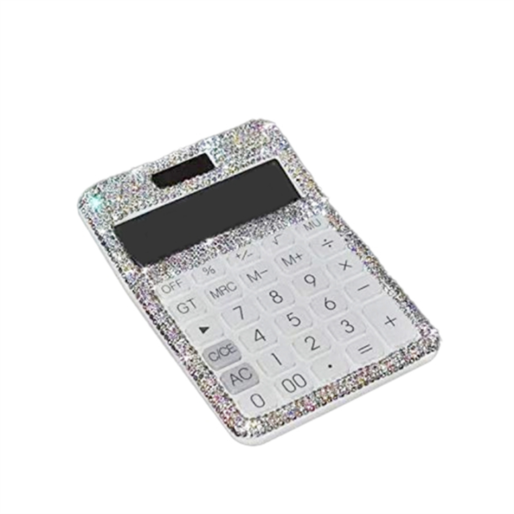 Calculator Plastic Calculator Rhinestone Crystal Dazzling 12 Digit Solar and Battery Dual Power LCD Display for Office, School White