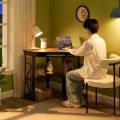 Corner Computer Table with Smooth Keyboard & Storage Shelves for Home Office Workstation Table , White & Gold. 