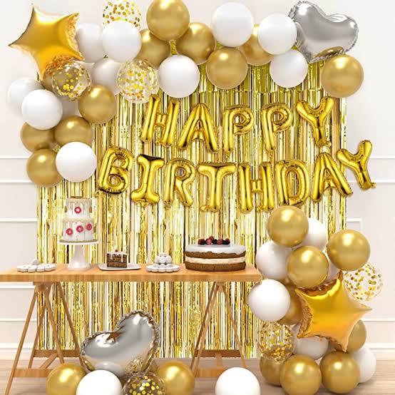 Golden Happy Birthday Theme Foil Set Including 30 Balloons ( 15 Gold & 15 White ) Golden Happy Birthday Foil & 5 Confetti Balloons & 2 Gold Star & 2 Silver Dil & Golden Curtain