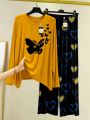 Buterfly Printed Mustard Color Lounge Wear Nightwear Sleepwear With Heart Prinred Trouser For Women By Aua Garments. 