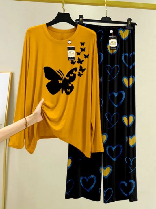 Buterfly Printed Mustard Color Lounge Wear Nightwear Sleepwear With Heart Prinred Trouser For Women By Aua Garments