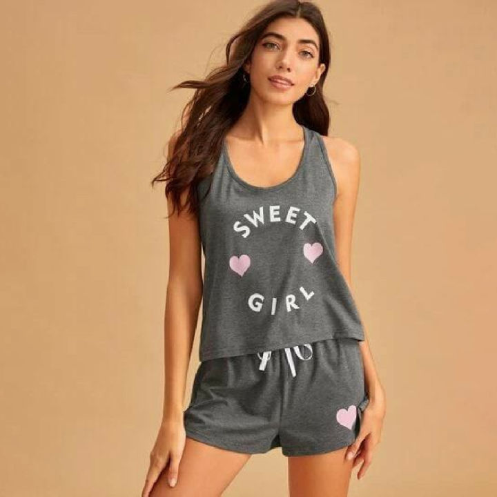 SILK AND SATIN PRINTED SHORT PAJAMA SET FOR WOMENS GIRLS LINGRIE SLEEPWEAR 2pcs