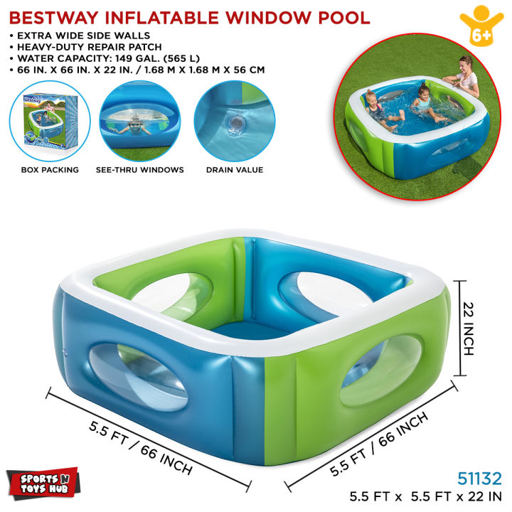 5.5 Ft Bestway Inflatable Rectangular Window Swimming Pool For Kids Summer Season Pools Party With Inflatable Pool, Family Fun Indoor & Outdoor Kids Water Games Swim Play Bath Pool  Windows Pool & Enjoy Summers Swimming Pool For Toddler & Kids Code: 51132