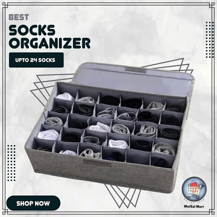 Socks and Underwear Organizer Box  Foldable 24 Cells Wardrobe Drawer Divider  Cupboard & Closet Organizer Storage Box for Undergarments Accessories.