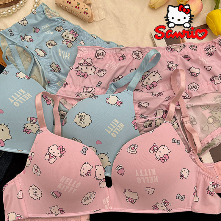 Sanrio Hello Kitty Women Underwear Bra Panty Set Cartoon No Wire Push Up Underwear Female's Breathable Gathered Bra S