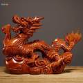 Wood Carved Chinese Dragon Statue Fengshui Ornament for Living Room Lifelike. 