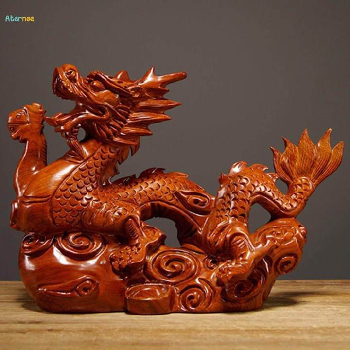 Wood Carved Chinese Dragon Statue Fengshui Ornament for Living Room Lifelike