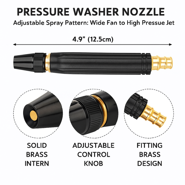 Durable high-pressure washer nozzle with adjustable spray for effective cleaning. Ideal for cars, patios, and driveways. Easy to use, corrosion-resistant, and ergonomic.