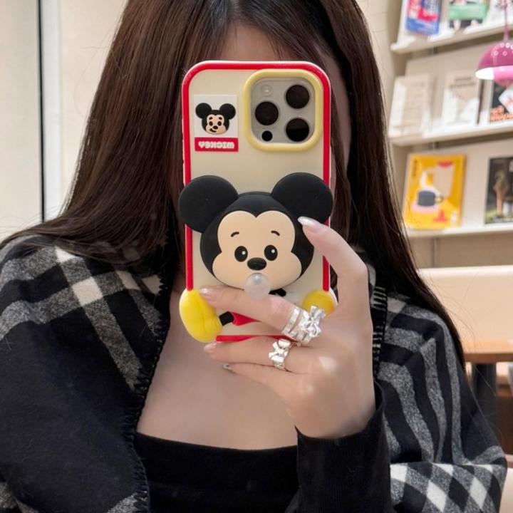 100%new Celebrity Trend+In Stock+COD Cute Cartoon Mickey Squishies Phone Case for IPhone 16 15 14 Plus 13 12 Pro Max Blowing Bubble Protection Soft Silicone Cover