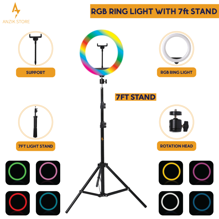 RGB LED Soft Ring Light With Tripod Stand, 33cm Ring Light with stand, Adjustable and Portable Tripod Stand, RGB Shades Ring Light Stand by Anzik Store