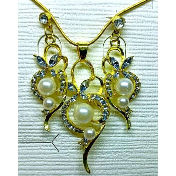 Western Jewellery Golden Color White Pearls Necklace Pendant Earrings Jewellery Sets for Girls Women - AA-JS11