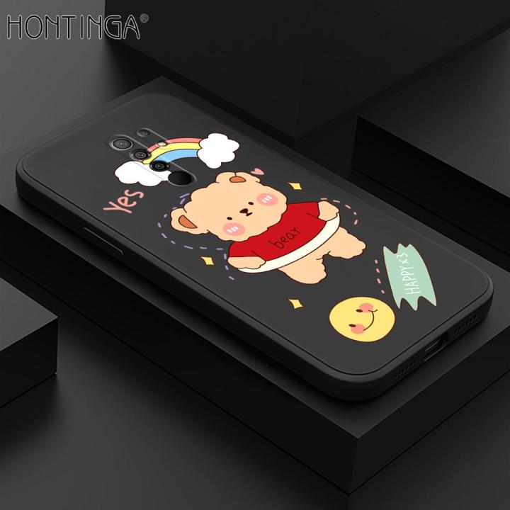 Hontinga for Redmi 9 Case Lovely Cartoon Bear Back Cover Square Original Liquid Silicone Cases Camera Protection Shockproof