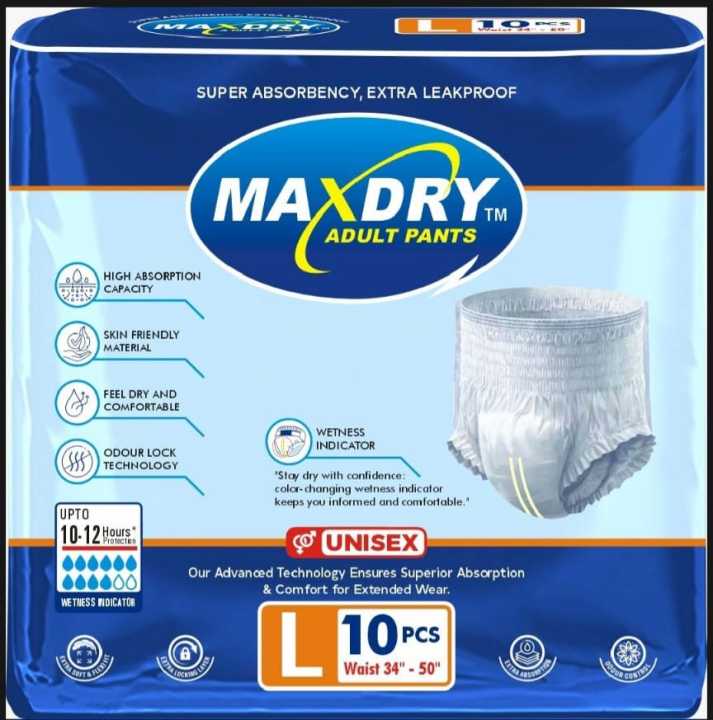 Maxdry Adult Pants Large 10 Pcs ( UNISEX ) upto 10-12 Hours Protection