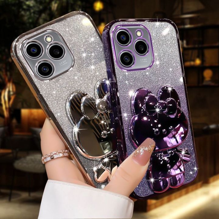 For Itel A70 / Itel P40 / Itel S23 Back Cover with Cute Rabbit Makeup Mirror Stand Luxury Slim Gradient Plating Glitter Girls Phone Case Clear Soft Silicone Protective Cases Pouch