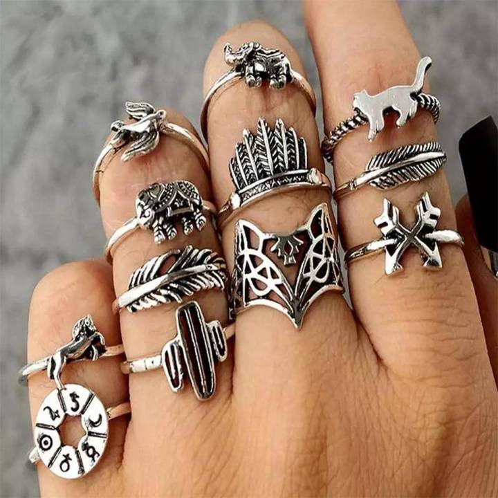 12Pcs Antique Silver Rings Vintage Jewelry for Woman