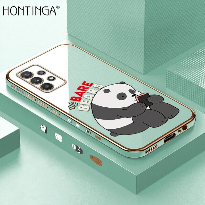 Hontinga for Samsung A32 4G Back Cover（Free Lanyard）Luxury 6D Plating Cute Cartoon Panda Side Pattern Case Soft Silicone Square Mobile Cover