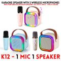 K12 Wireless Mic With Speaker - Single / Double RGB 7 Colour Dancing Light Karaoke Mic With Portable Bluetooth Microphone For Recording With Speaker For Music - 3 in 1 USB / AUX / SD Card Slot Karaoke Handheld Microphone - Black, Blue & Pink Colours. 