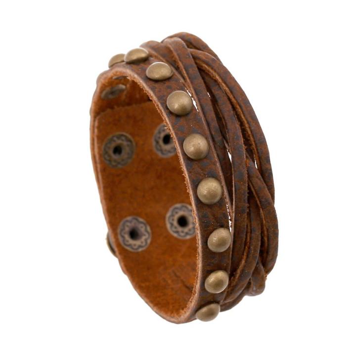 Boho Gypsy Hippie Punk Brown Real Leather Broze Copper Rivets Charm Wrap Layers Adjusted Macrame Bracelet Bangle For Man