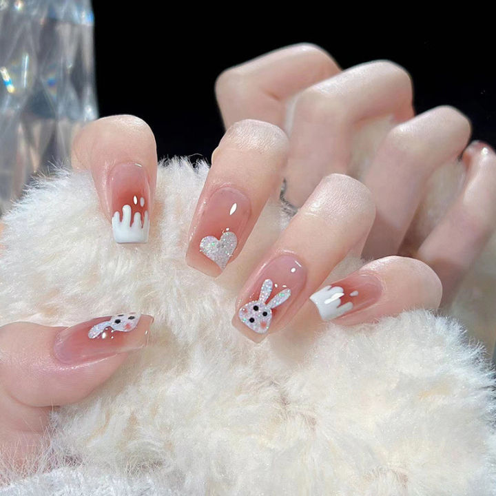 24Pcs Cute Fake Nails with Glue DIY Art Design Rabbit Pink False Nails Wearable Nails Stylish Pattern White Long Artificial Nails