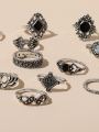 15Pcs/Set Alloy Silver Black Stone Party Anillo/Crown Elephant Wedding Anniversary Rings For Girls / Variety Ladies. 