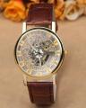 Transparent Dial Watch For Unisex- Golden Dial & Brown Belt. 